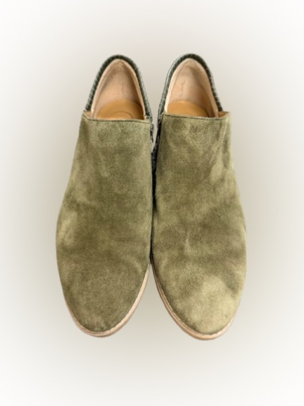 Jack Rogers Avery Olive Green Suede Ankle Booties Side Zip Stacked Heel Size 10M